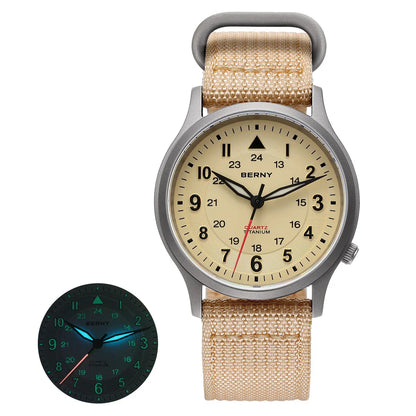 BERNY Titanium Watches for Men Classic Mens Field Watch Easy Read Outdoor Quartz Wristwatch Super Luminous Sapphire 5ATM