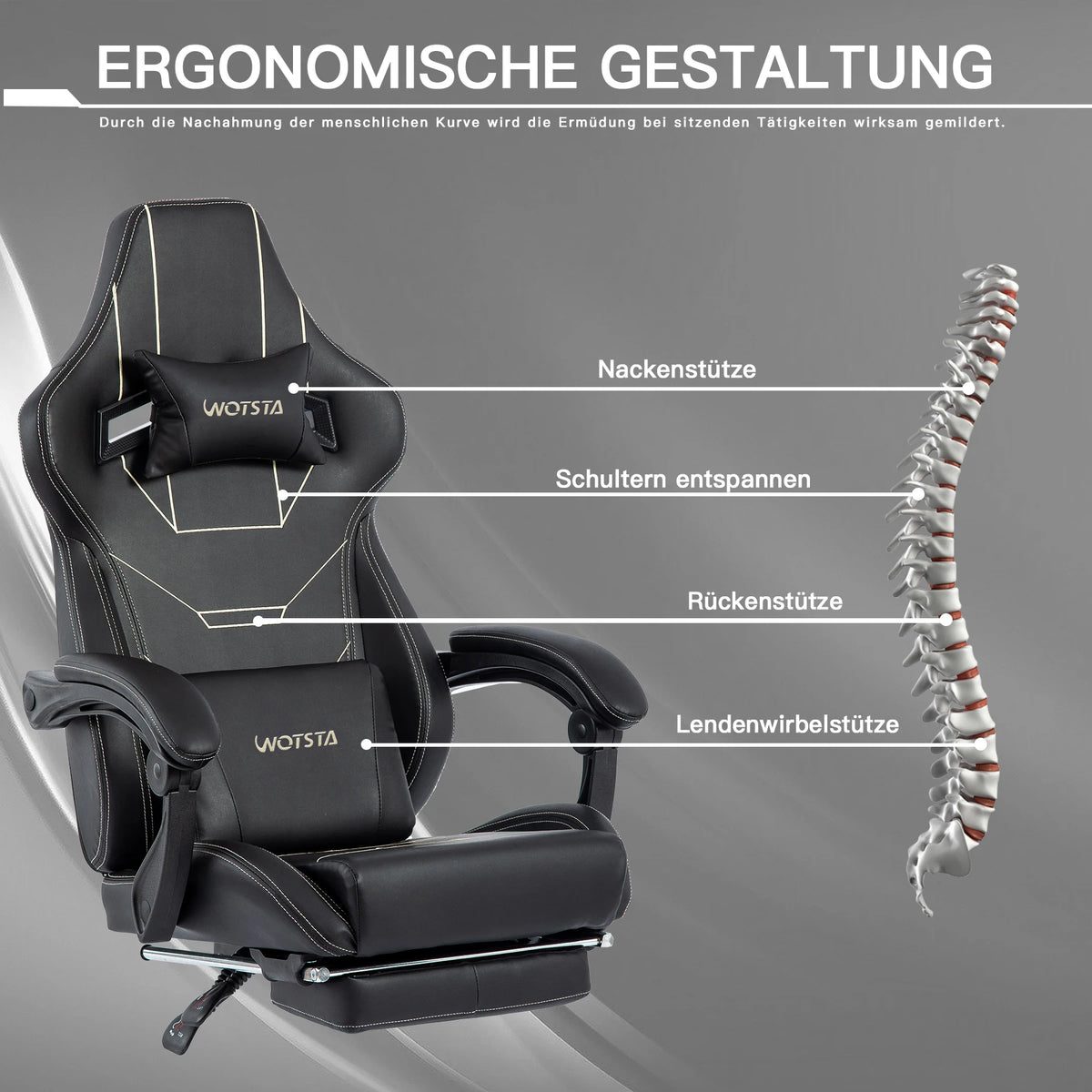 WOTSTA Ergonomic Gaming Chair with Footrest, Racing Computer Chair, Adjustable Height Office Chair with Armrests, Comfortable Leather Gaming Seat