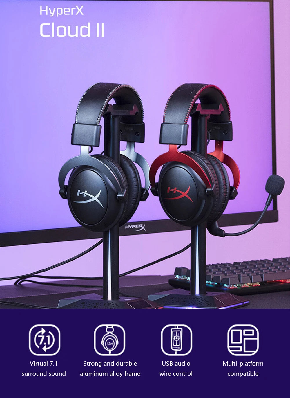HyperX Cloud II Wired Gaming Headset with 7.1 Surround Sound, Hi-Fi Gaming Headphones, Detachable Noise-Cancelling Microphone, USB Sound Card for PC, PS4 & Xbox