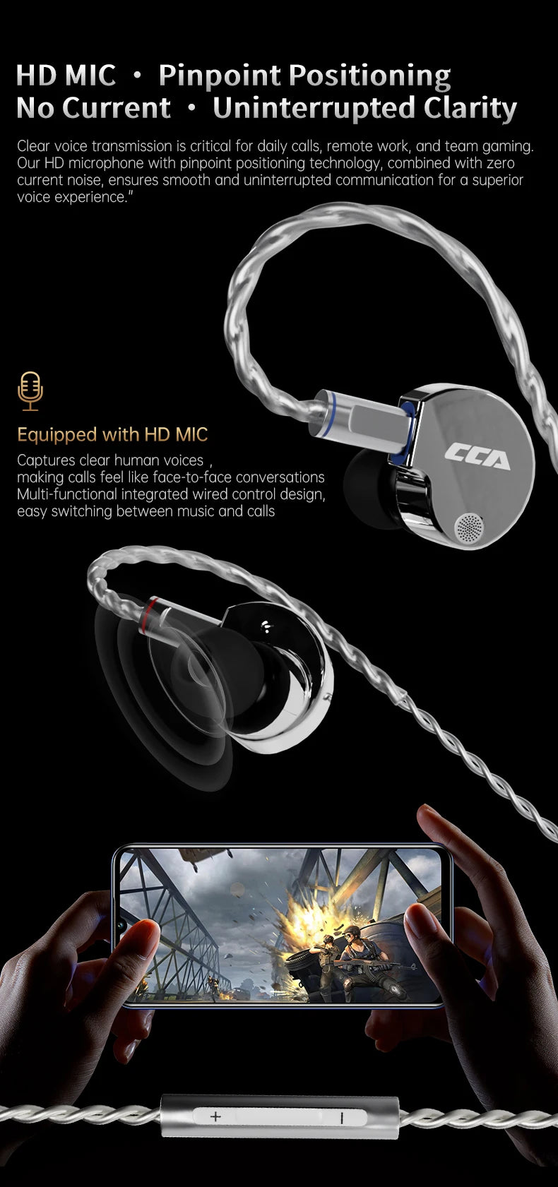 CCA Phoenix HiFi Earphones Dynamic Drive LCP Diaphragm Earphones Noise Cancelling Replaceable 2PIN Cable Gaming Wired Earphone