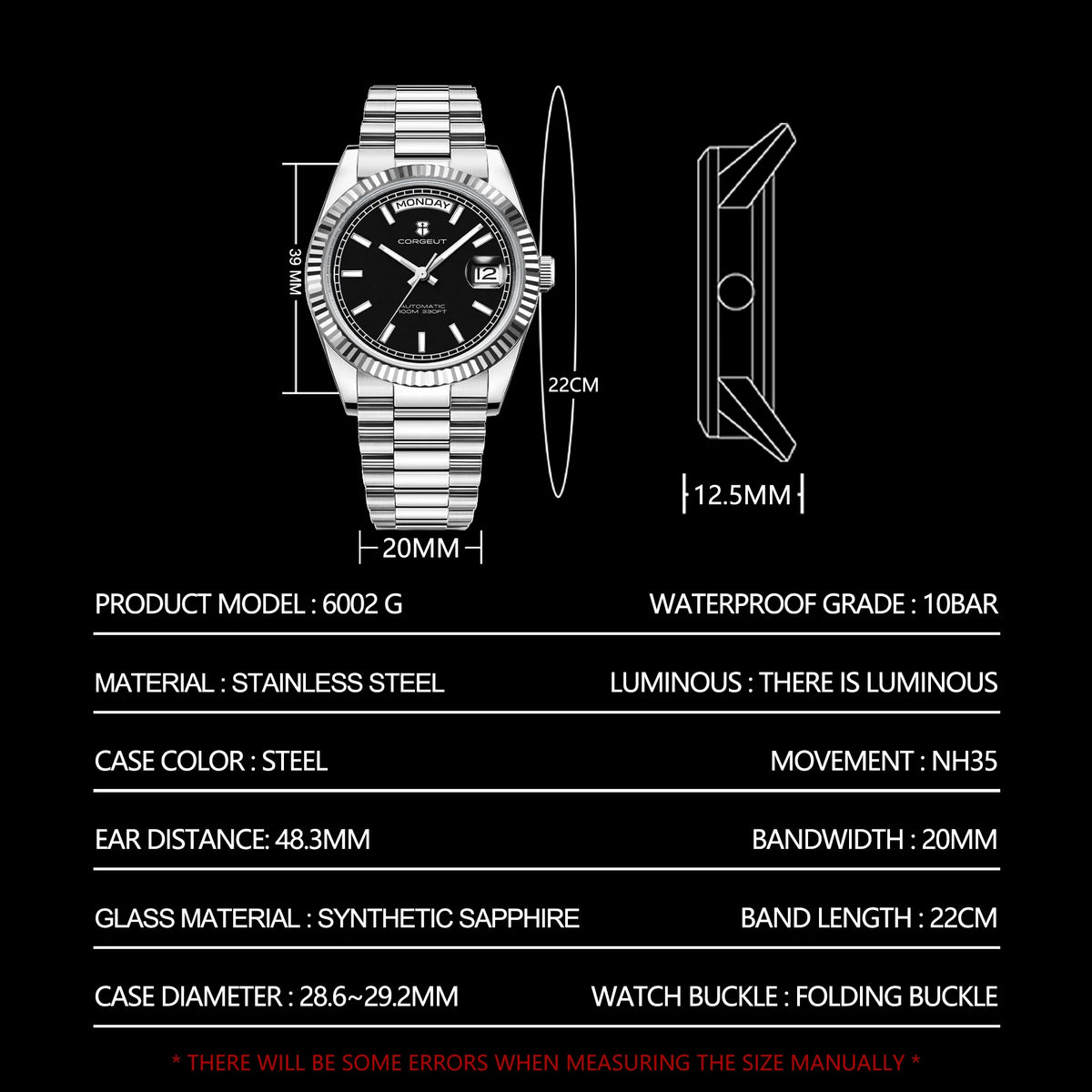 CORGEUT NH36 Mechanical Men's Watch Date of the Week Show President Chain Strap Steel Case Watch Threaded Arc Bezel waterp