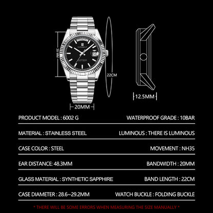 CORGEUT NH36 Mechanical Men's Watch Date of the Week Show President Chain Strap Steel Case Watch Threaded Arc Bezel waterp