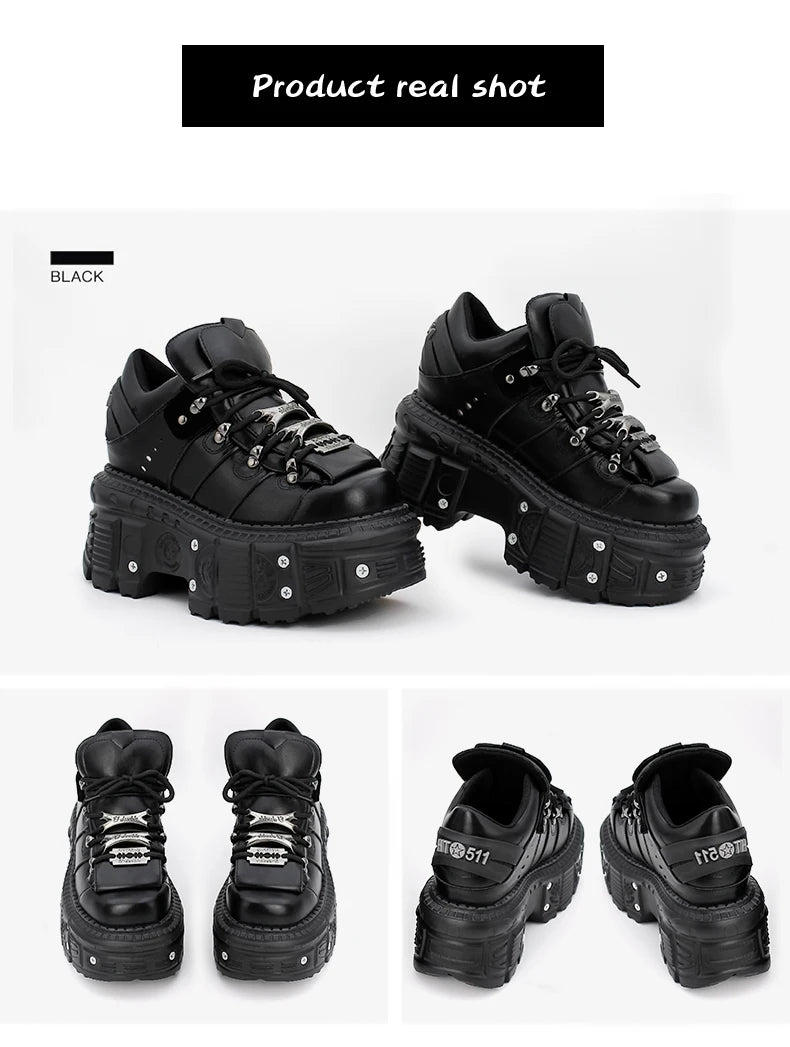 2026 New Punk Style Women Shoes Lace-up Heel Height 6CM Platform Shoes Woman Gothic Ankle Rock Boots Metal Decor Woman Sneakers