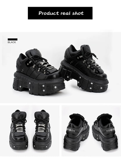 2026 New Punk Style Women Shoes Lace-up Heel Height 6CM Platform Shoes Woman Gothic Ankle Rock Boots Metal Decor Woman Sneakers