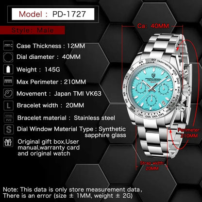 Pagani Design VK63 Fashion Men's Quartz Watch Luxury Sapphire Glass Timing Code Watch Stainless Steel Waterproof 10 Bar PD1727