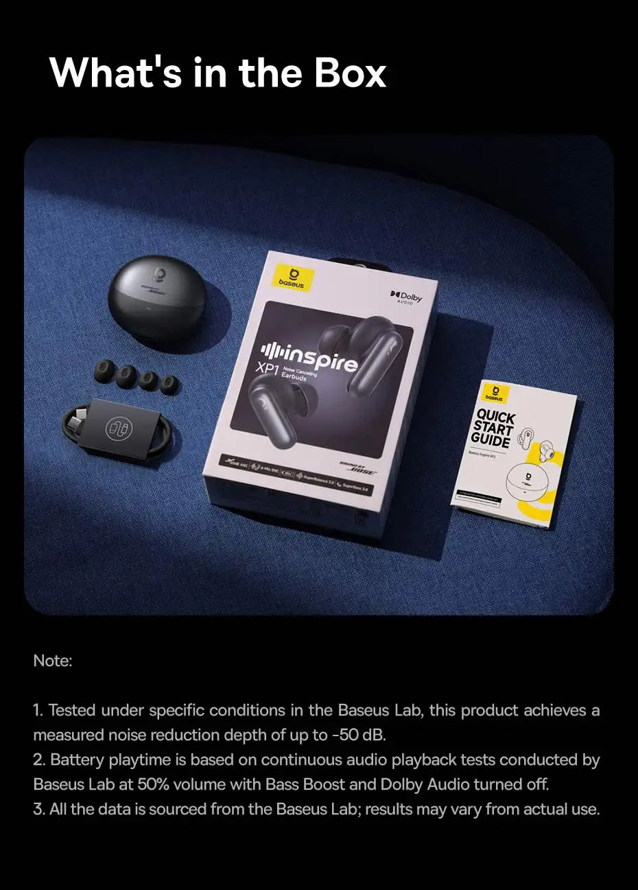 Baseus Inspire XP1 Wireless Bluetooth 6.1 ANC Earbuds – -50dB Adaptive Noise Cancelling, Dolby Audio, 6 Mic ENC, Sound by Bose Premium TWS Earphones