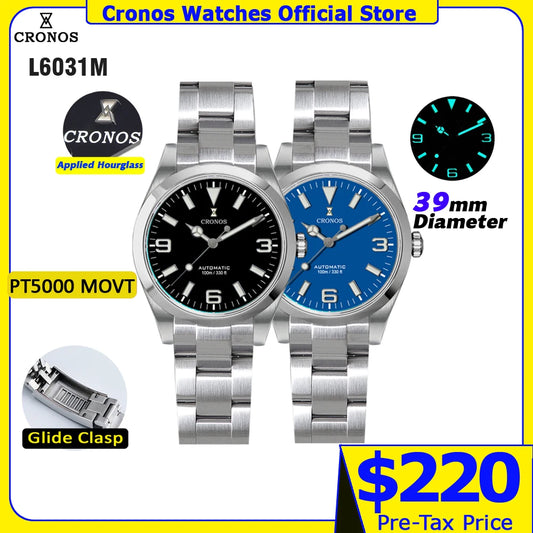 Cronos EX Diver Mechanical Men Watch 39mm Automatic PT5000 Sapphire Glass Bushed Bracelet Glide Clasp 10ATM  L6031
