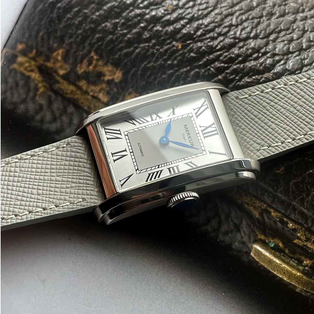 MERKUR NH05 Relógio retangular retro casual para homem, série Business, relógio automático com cordão, Relogio, relógio branco com cristal de safira
