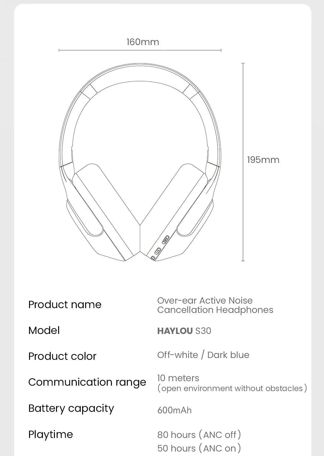 HAYLOU S30 Wireless Bluetooth 5.4 ANC Headphones 43dB Noise Cancelling Headsets with 40mm Driver, 80H Playtime Hi-Res Audio Earphones