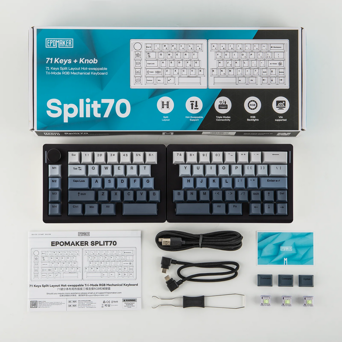 EPOMAKER Split70 QMK/VIA 70% Split Layout Wired/BT/2.4Ghz Wireless Mechanical Keyboard with Programmable Knob Mac Modifier