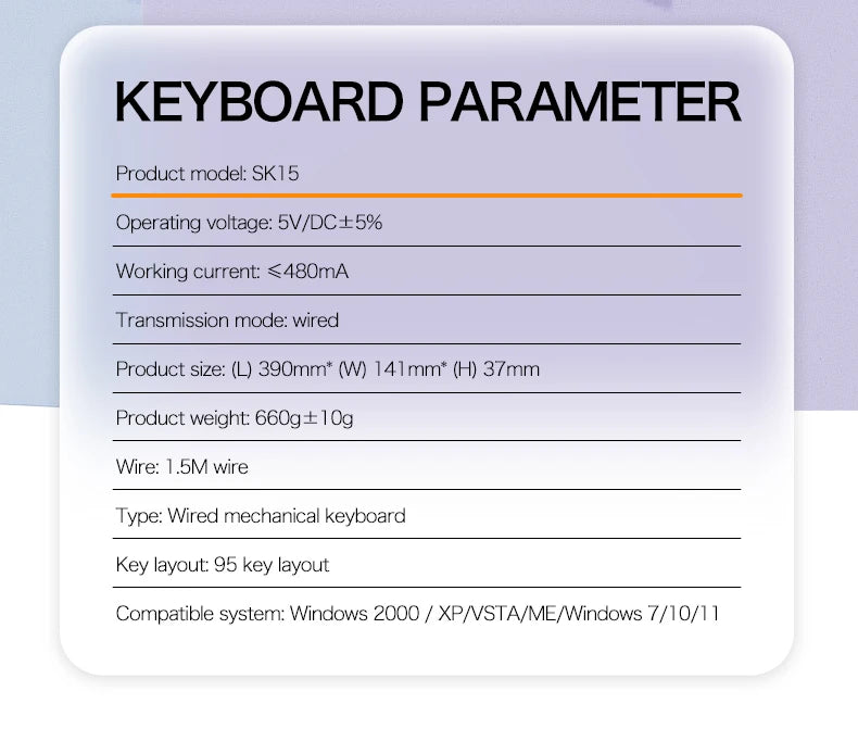 SMAILWOLF SK15 Laptop Gaming Wired Mechanical Keyboard Full Key Rollover Customized in Spanish