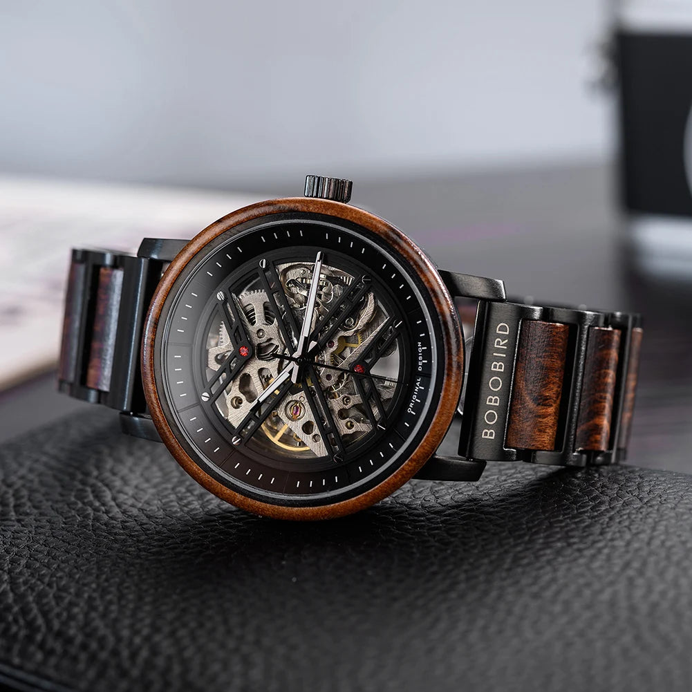 Automatic Mechanical Watch BOBO BIRD New Top Business Men Wooden Wristwatch Unique Custom Engraved Watches Christmas Gift Box