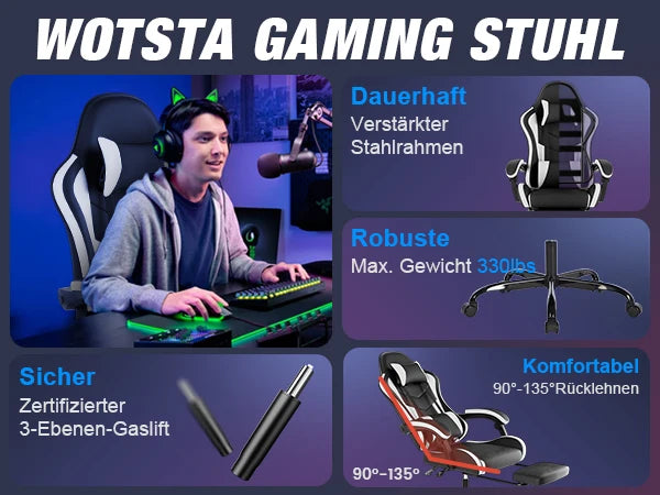 WOTSTA Gaming Chair with Footrest Ergonomic Gamer Chair, Adjustable Lumbar Support, Headrest, Reclining Computer Chair for Gaming & Office