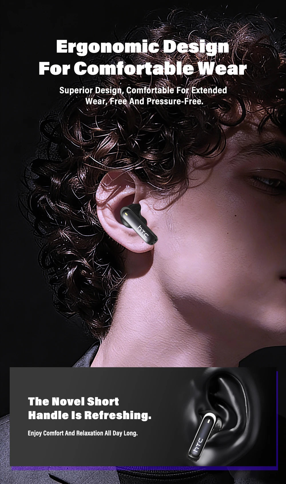 HTC NE70 Bluetooth 5.3 TWS Earbuds Touch Screen AI Translator Gaming Earphones with Noise Reduction, Deep Bass Wireless In-Ear Headphones
