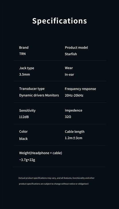 TRN Starfish HiFi Wired Earphones 12mm Dynamic Driver In-Ear Monitors with Beryllium Diaphragm, Detachable Cable Audiophile HiFi Headphones