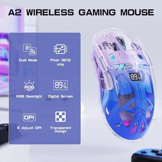 Brezžična gaming miška A2 Transparent, BT 5.0/2.4G za PC, polnilna RGB miška z digitalnim zaslonom, PixArt 3212, 5 nastavljivih DPI