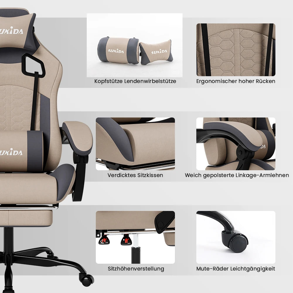 SUKIDA Ergonomic Gaming Chair with Lumbar Support, Adjustable Racing Office Chair, Swivel Executive Chair with Headrest and Armrests