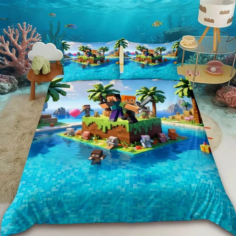 Cartoon Children Duvet Cover Minecraft Cartoon Quilt Cover Bedding Set Queen King Full Size with 1/2 Pillocase Bedroom
