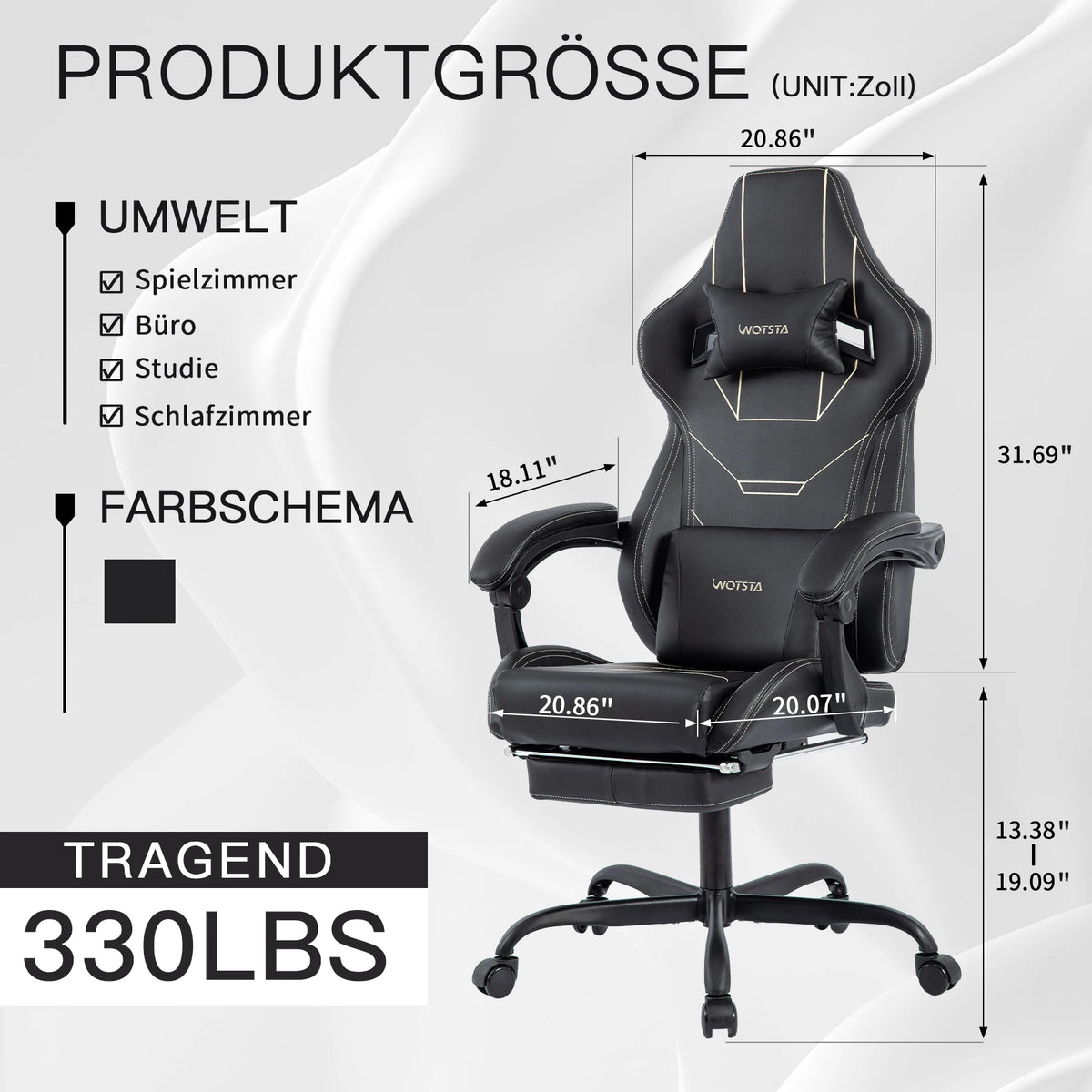 WOTSTA Ergonomic Gaming Chair with Footrest, Racing Computer Chair, Adjustable Height Office Chair with Armrests, Comfortable Leather Gaming Seat