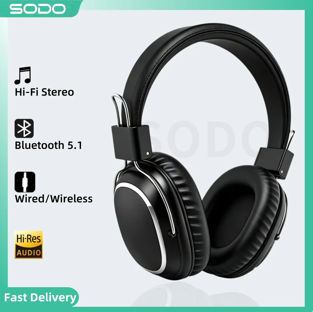 SODO SD-1004 Wireless Bluetooth 5.3 Headphones, Foldable HiFi Stereo Over-Ear Headphones with Mic, 40mm Driver, TF Card & FM Radio