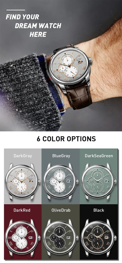 Marca de luxo BORMAN: Relógios mecânicos automáticos para homem, com cristal de safira, resistentes à água até 50 m, mostrador multifunções e bracelete em pele de estilo retro – BM18011
