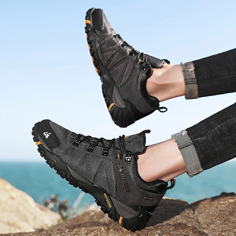 HIKEUP Celoroční pánské turistické boty pro outdoorové sporty z pravé kůže, odolné proti opotřebení, horolezecké boty s gumovou podrážkou, trekingové tenisky