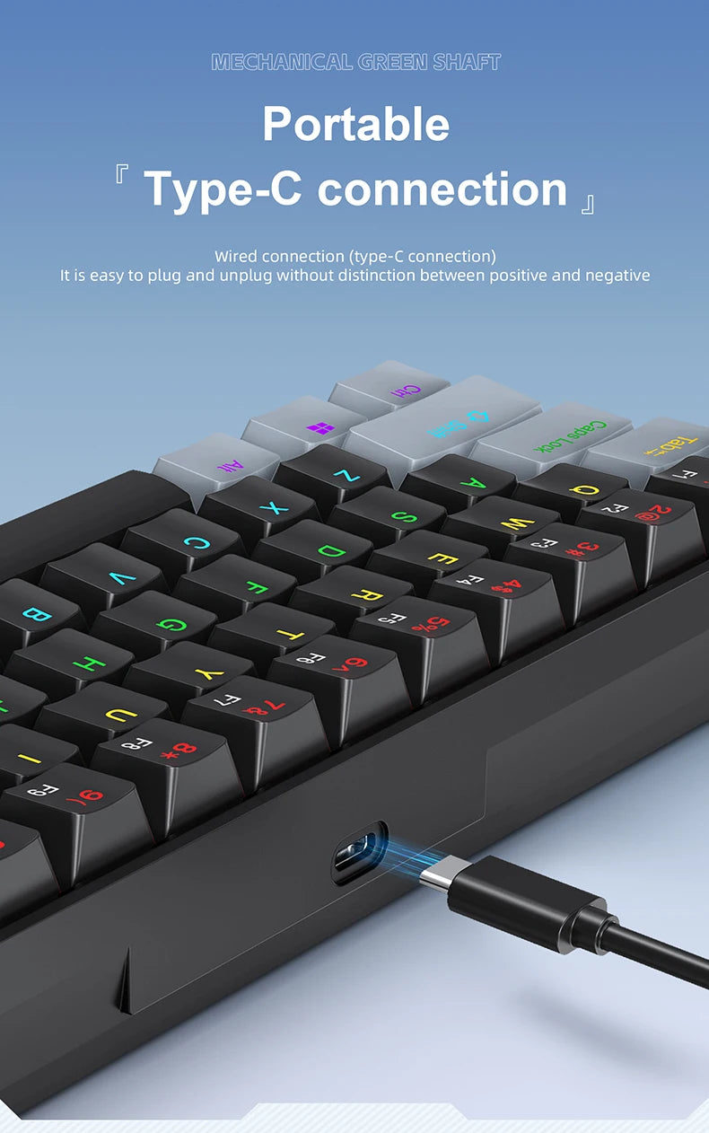 APAYADO K61 60% mini drátová herní mechanická klávesnice Phantom RGB, 61 kláves, červené/modré spínače, ergonomická, přenosná pro PC/notebook