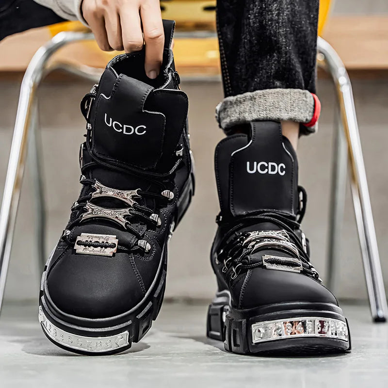 Fashion Rivet Black High top Sneakers Men Leather Design Luxury Shoes Street Gothic Punk Boots Men Motorcycle Boots Big Size 46