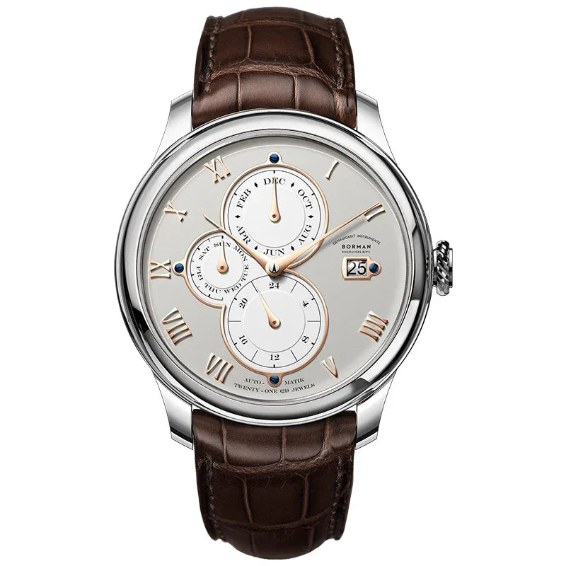 Marca de luxo BORMAN: Relógios mecânicos automáticos para homem, com cristal de safira, resistentes à água até 50 m, mostrador multifunções e bracelete em pele de estilo retro – BM18011