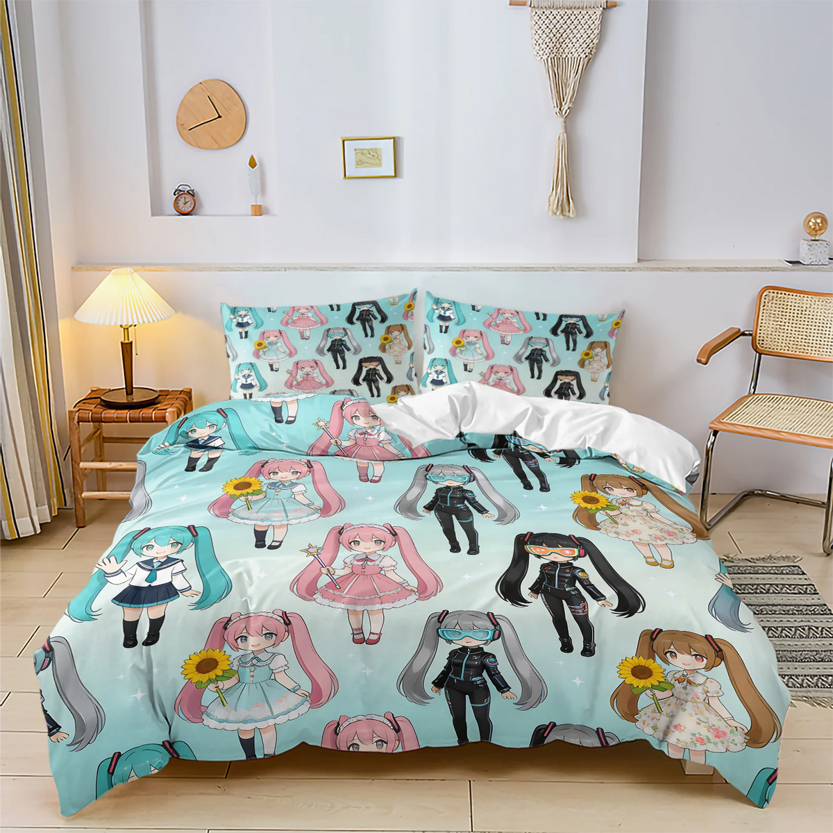 Conjunto de capa de edredão estilo chibi Hatsune Miku, roupa de cama anime adorável com fronhas, decoração para quarto gaming de adolescentes e crianças, presente para fãs