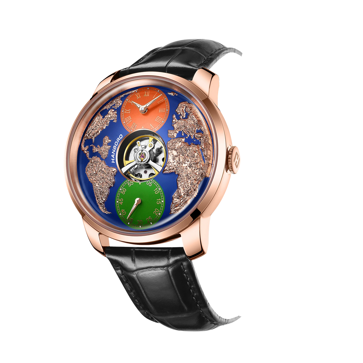 HANBORO World Time Series Men's Fully Automatic Mechanical Watch with Hollow Flywheel World Earth Personality Watch 1026