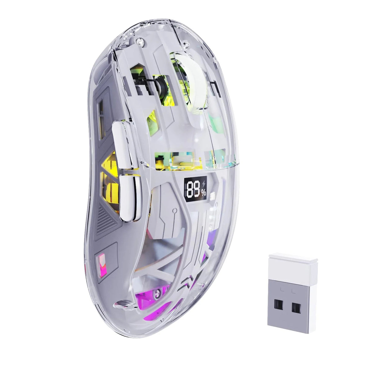 Brezžična gaming miška A2 Transparent, BT 5.0/2.4G za PC, polnilna RGB miška z digitalnim zaslonom, PixArt 3212, 5 nastavljivih DPI