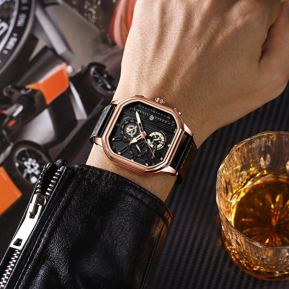 CRRJU Fashion Square Dial Leather Mens Watches Luxury Sport Waterproof Watch Man Chronograph Quartz WristWatches Homme+Box