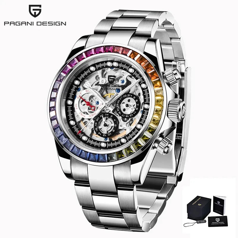 PAGANI Design - Relógio mecânico automático para homem com mostrador esqueletizado em círculo arco-íris, em aço inoxidável com cristal de safira - Relógios desportivos