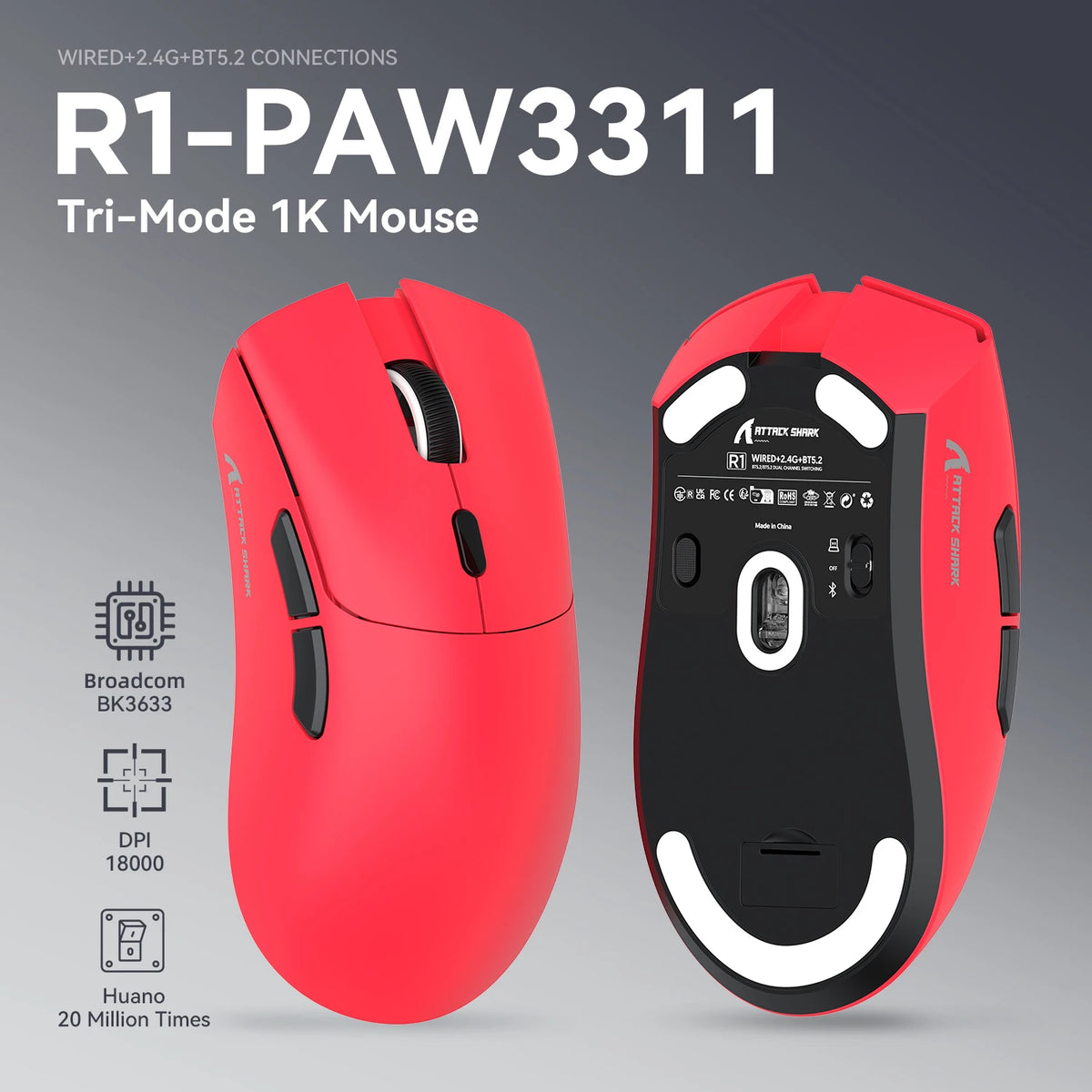 ATTACK SHARK R1 Tri-Mode Gaming Mouse, 18,000 DPI Wireless Gaming Mouse with PixArt PAW3311 Sensor, 59g Ultralight RGB Gaming Mouse for PC, Mac & Laptop