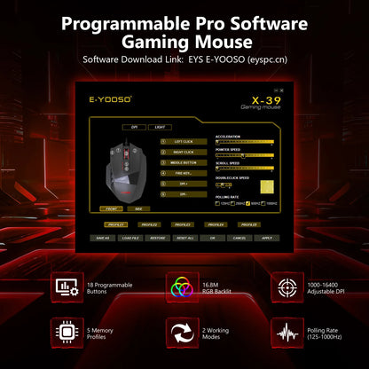 Mouse gaming programmabile E-YOOSO X-39, mouse RGB cablato con 18 pulsanti, 8 pesi removibili, 5 DPI, impugnatura ergonomica per computer