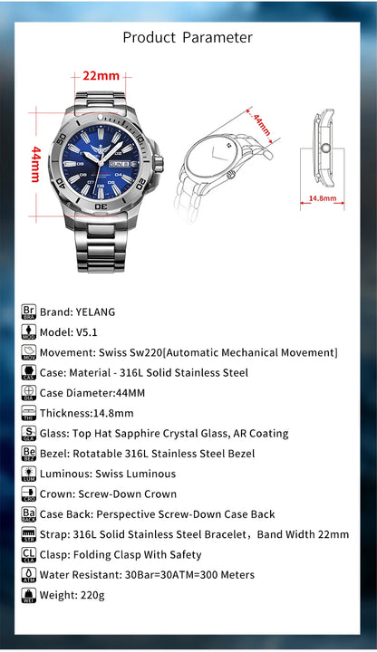 Yelang V5.1 Men's Watch 44mm Super Dive 300M Professional Waterproof SW220 Movement Luxury Automatic Mechanical Watch for men