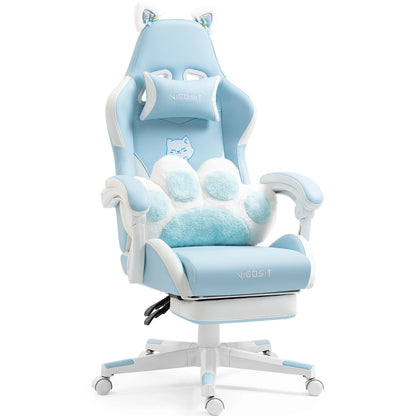 VIGOSIT Gaming Chair with Cute Cat Ears, Ergonomic Computer Gaming Chair for Girls, Kawaii Pillow, Lumbar Support, Adjustable Reclining Gamer Chair