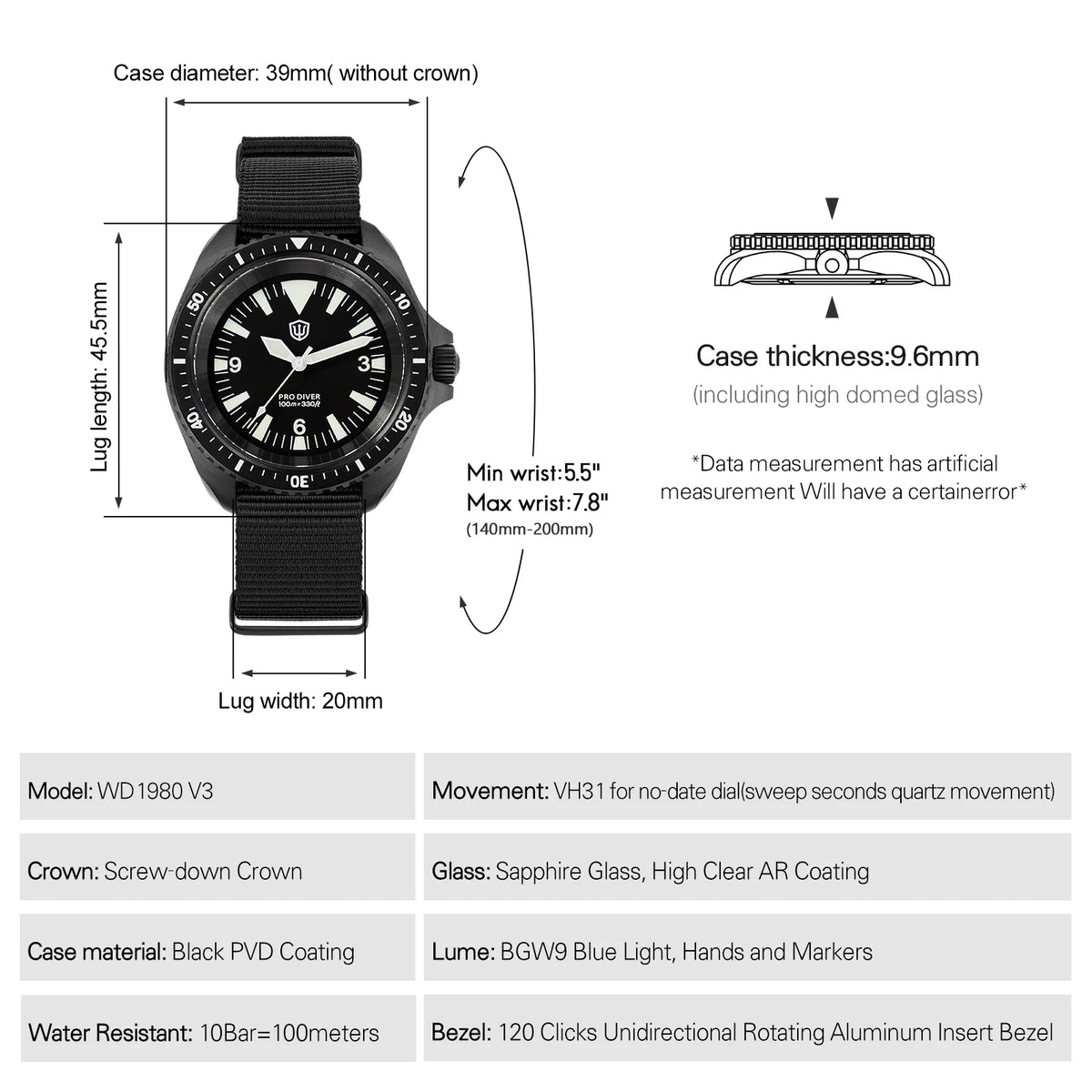 Watchdives WD1980 V3 38mm Men Watch Vintage VH31 Ronda 515 Sweep Seconds Quartz Movement Watches Luminous Sapphire Wristwatch