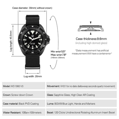 Watchdives WD1980 V3 38mm Men Watch Vintage VH31 Ronda 515 Sweep Seconds Quartz Movement Watches Luminous Sapphire Wristwatch
