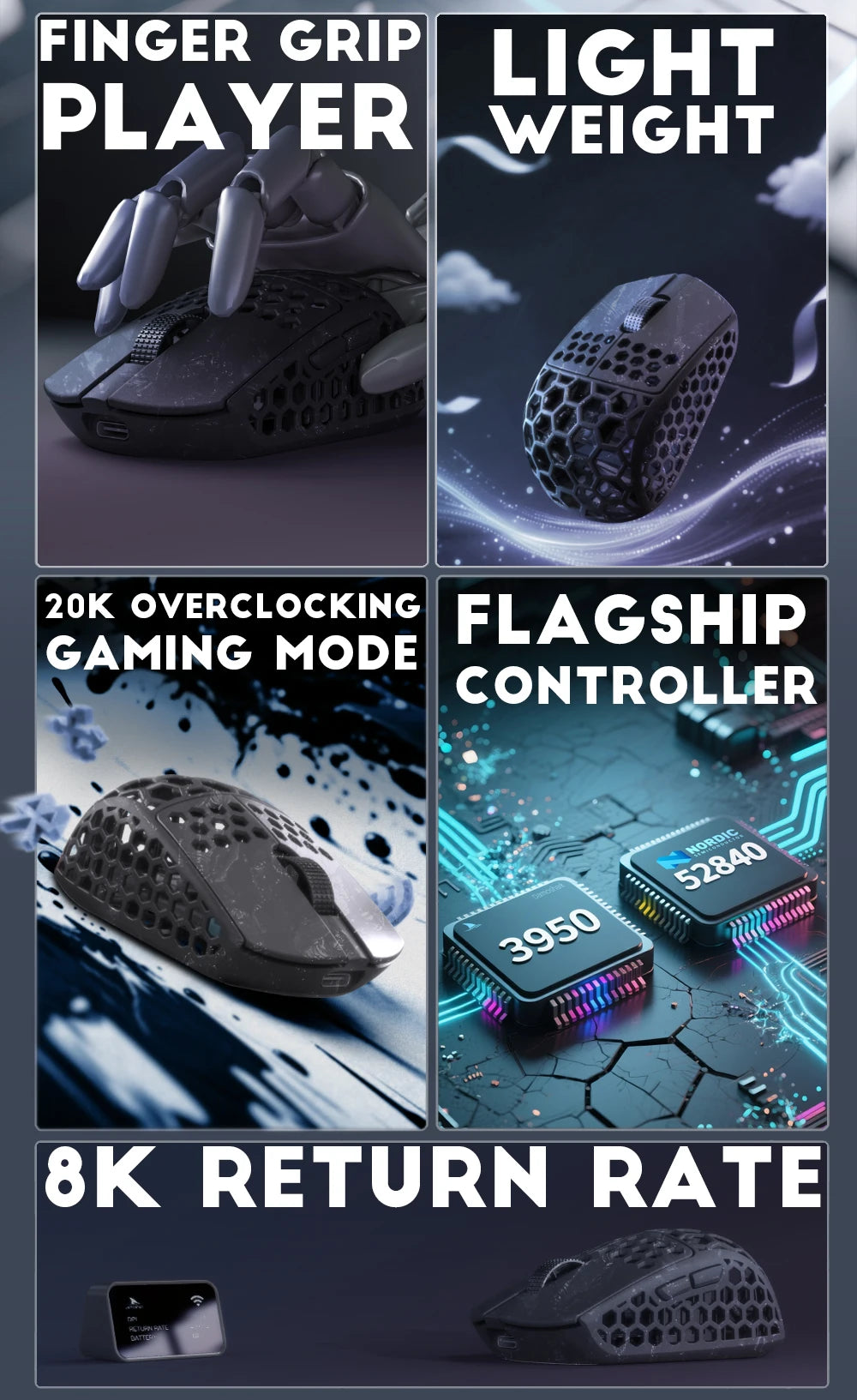 Mouse gaming wireless Darmoshark M5Air in fibra di carbonio forgiata 8K PAW3950 30K DPI per mani piccole, presa fingertip, macro di gioco, ultraleggero
