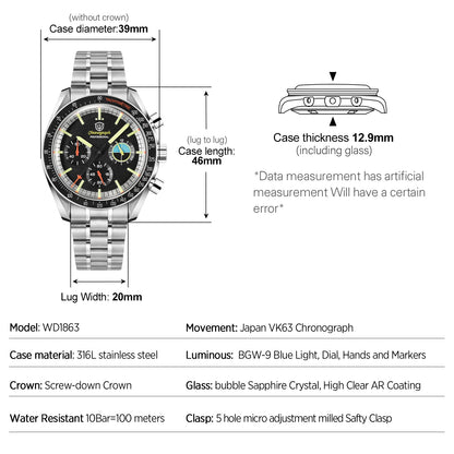Watchdives WD1863 39mm Watch VK63 Quartz Chronograph Movement BGW9 Luminous 10Bar Waterproof 39mm Vintage Watches