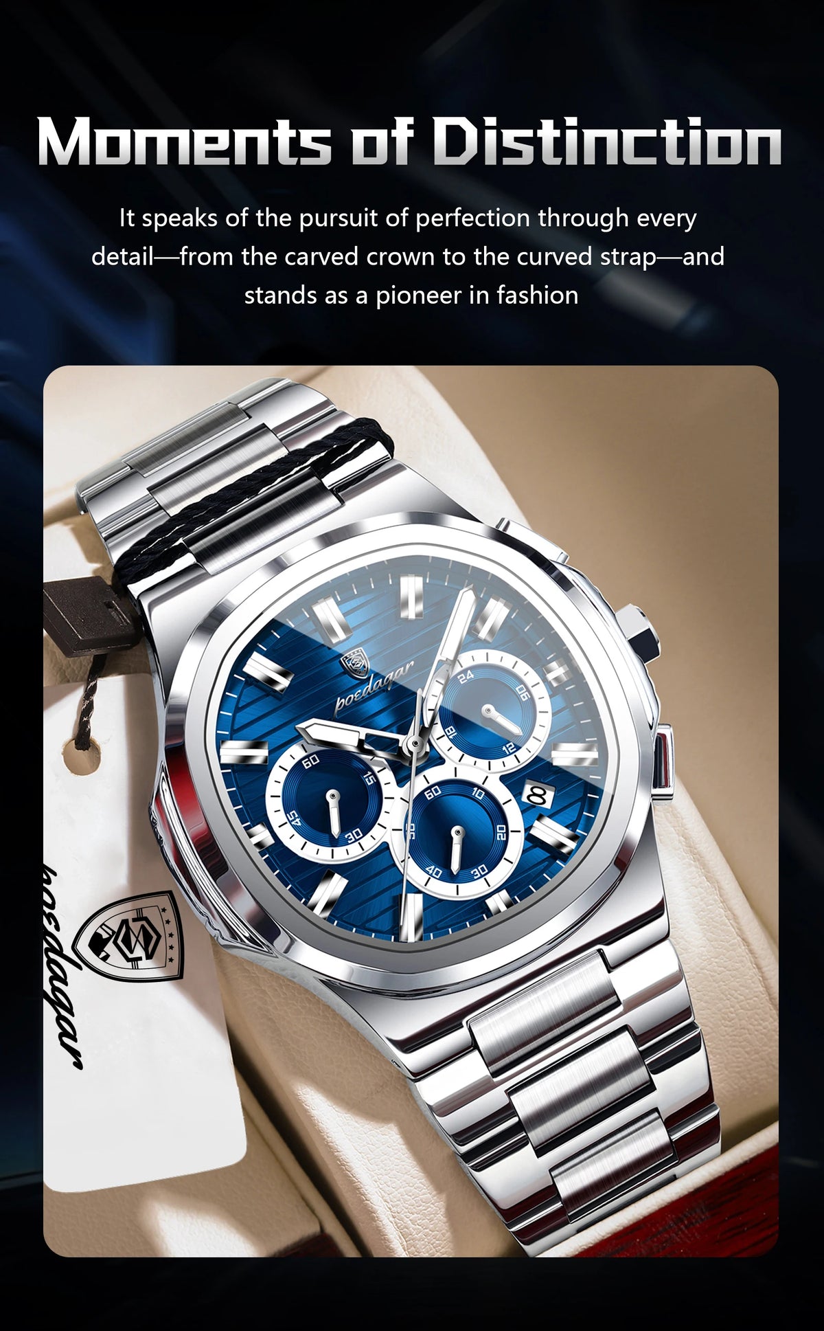 POEDAGAR Men’s Luxury Stainless Steel Quartz Watch  Waterproof Chronograph with Luminous Dial & Date