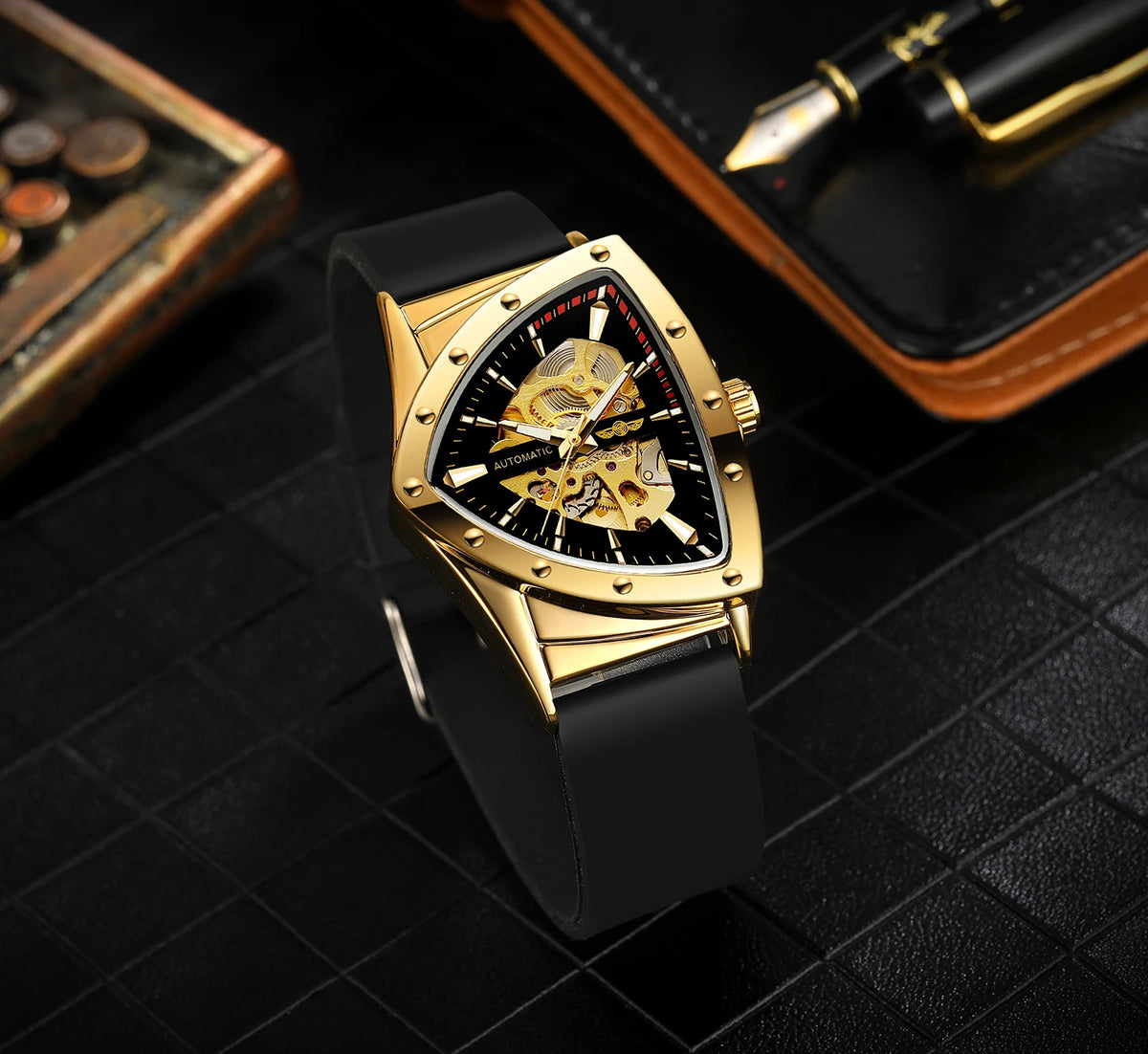 WINNER High Quality Watch for Men Triangle Steel Skeleton Mechanical Automatic Movement Clockwork Waterproof Rubber strap Wrist