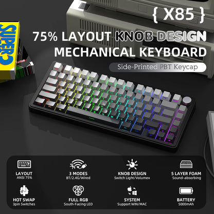 ATTACK SHARK X85 Tri-Mode Mechanical Keyboard 75% Gasket Keyboard with CNC Knob, Hot Swappable RGB Wireless Gaming Keyboard for PC, Mac & Laptop