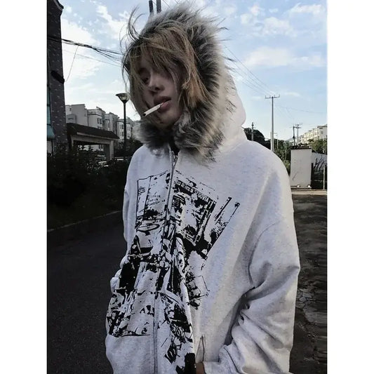 American Vintage Black Faux Fur Sweatshirts Women Letter Printed Subculture Coats with Hooded Female Gothic Harajuku Jackets Y2k, produit gaming premium Fraquane