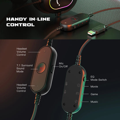 FIFINE RGB Gaming Headset with Mic – 7.1 Surround Sound Over-Ear Wired Headphones for PC, PS4 & PS5 with 3 EQ Modes