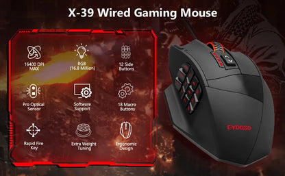 Mouse gaming programmabile E-YOOSO X-39, mouse RGB cablato con 18 pulsanti, 8 pesi removibili, 5 DPI, impugnatura ergonomica per computer