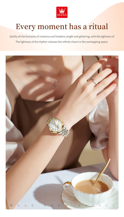 OLEVS 9801 Womens Watch Luxury Fashion Waterproof  Automatic Mechanical Watch Stainless Steel Diamond Date Ladies Watch Set