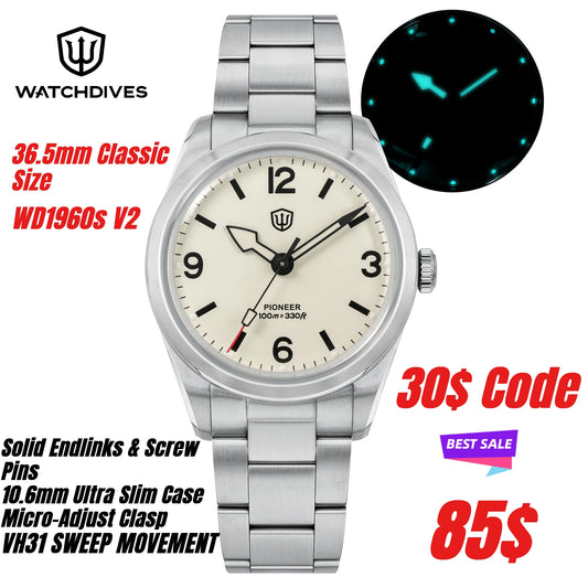 Watchdives WD1960S V2 36.5mm Quartz Watch VH31 Sweep Seconds Vintage Style Sapphire Crystal BGW9 Lume 100M Waterproof Steel